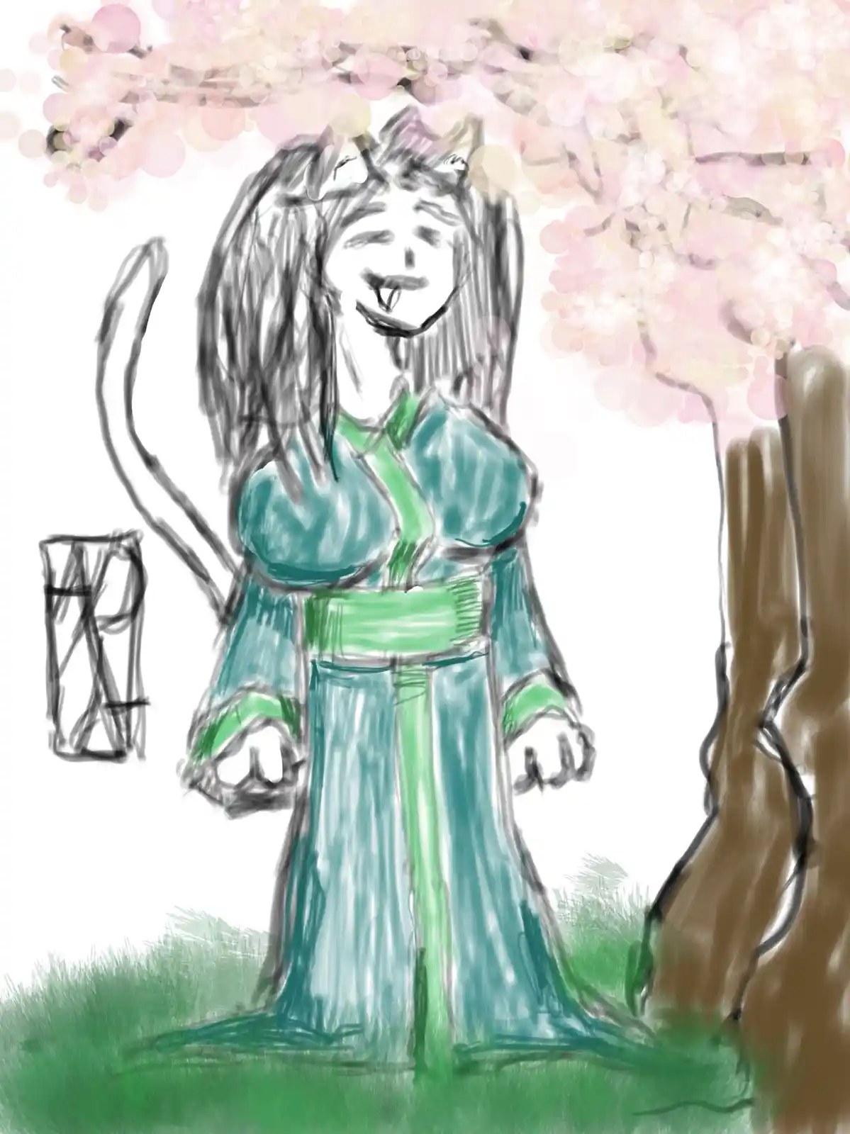 A crudely drawn anime-style girl with cat ears and a long tail stands under a cherry blossom tree, wearing a green and teal…