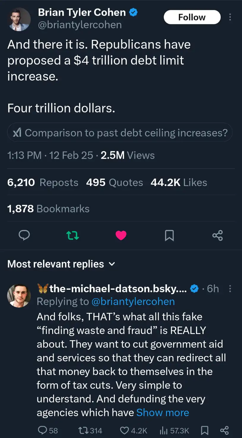 A screenshot of a Twitter post by Brian Tyler Cohen stating Republicans proposed a $4 trillion debt limit increase, followed…