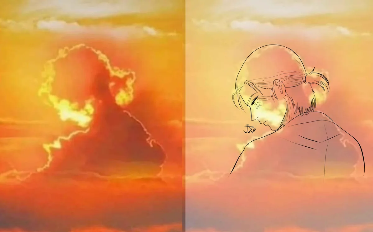 The image is split vertically: the left side shows a dramatic sunset sky with a cloud shaped like a person's silhouette, and…