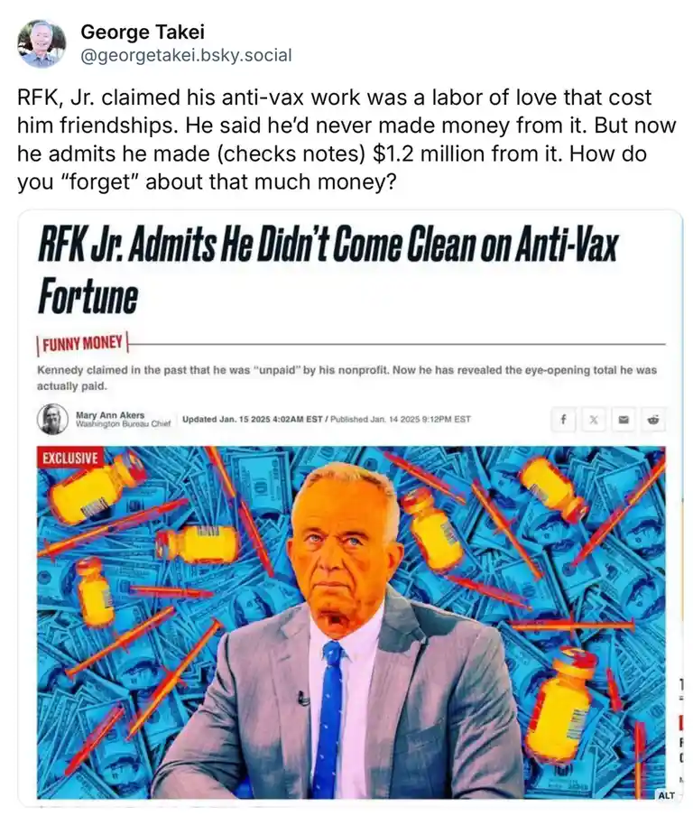 Surprise, surprise! RFK Jr. (thanks to some brain worms) made a fortune spreading lies about vaccinations.