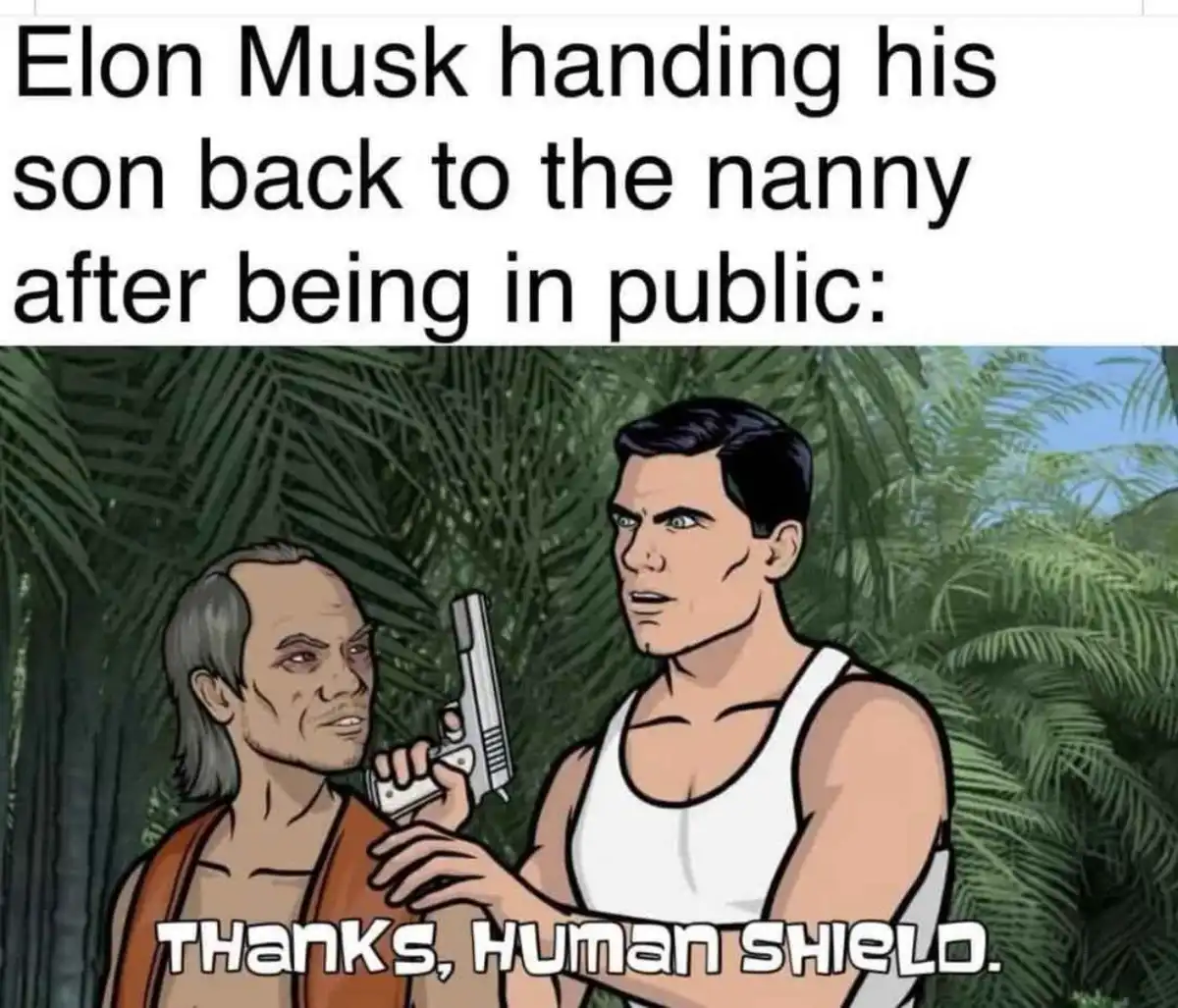 The image shows a cartoon scene with a muscular man in a white tank top holding a handgun to the neck of an older man in an…