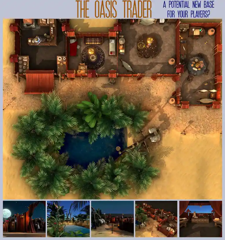 An overhead view of a desert oasis base labeled 'THE OASIS TRADER', featuring a central pool surrounded by palm trees and…