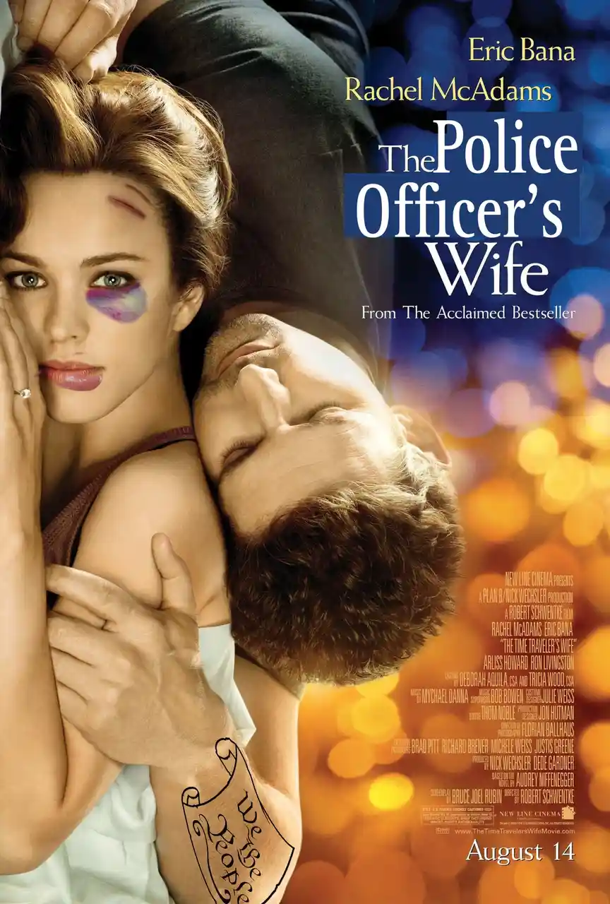A movie poster for 'The Police Officer's Wife' featuring Rachel McAdams and Eric Bana in an intimate pose, with McAdams…