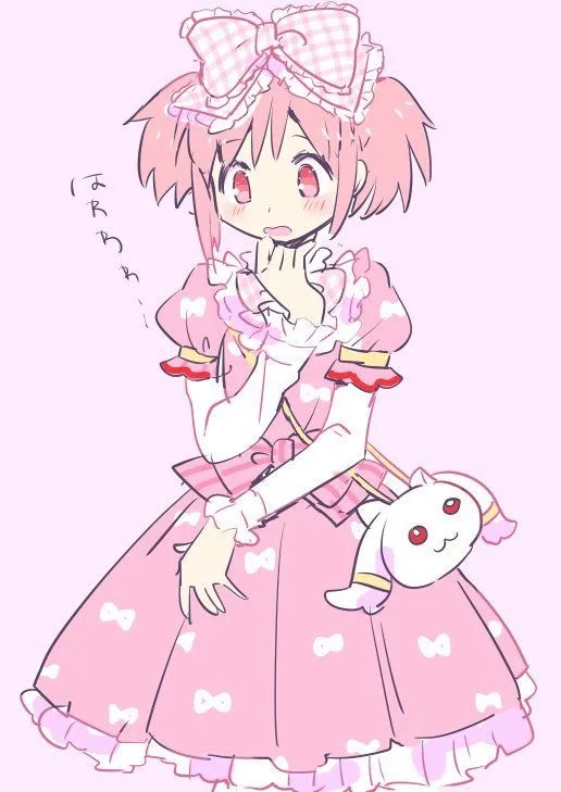 A pink-haired anime girl in a frilly pink dress with white bows and a large checkered bow on her head, holding a small white…