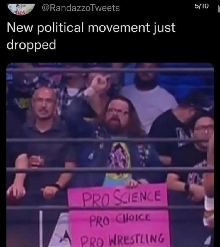 A man with long hair and a beard sits in a wrestling arena crowd, holding a pink sign with three lines of handwritten text…