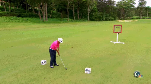 A golfer in a pink shirt and white hat prepares to swing at a golf ball, shown in three frames of the swing motion. Below…