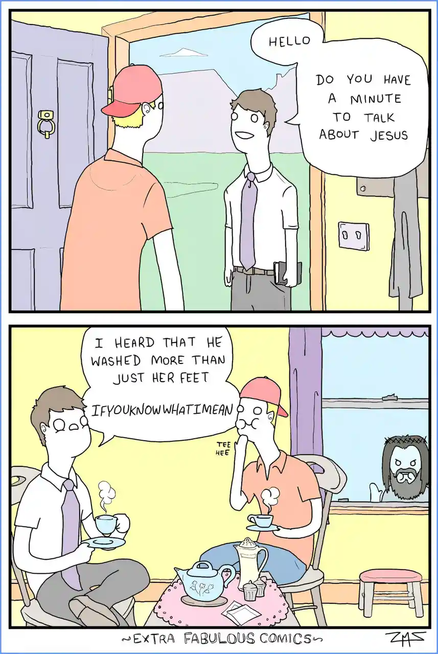 A two-panel comic shows a man in a pink cap being asked by a formally dressed man if he has time to talk about Jesus. In the…