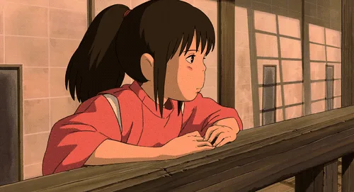 six panels show a young girl in a red shirt leaning on a wooden railing, transitioning from looking out thoughtfully to…