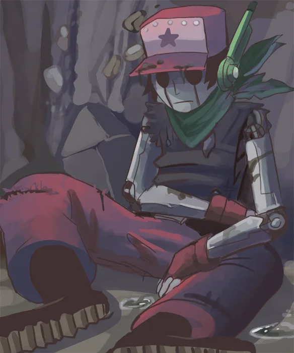 A four-panel comic strip shows a robotic character with a pink hat and green scarf sitting in a rocky, dimly lit…