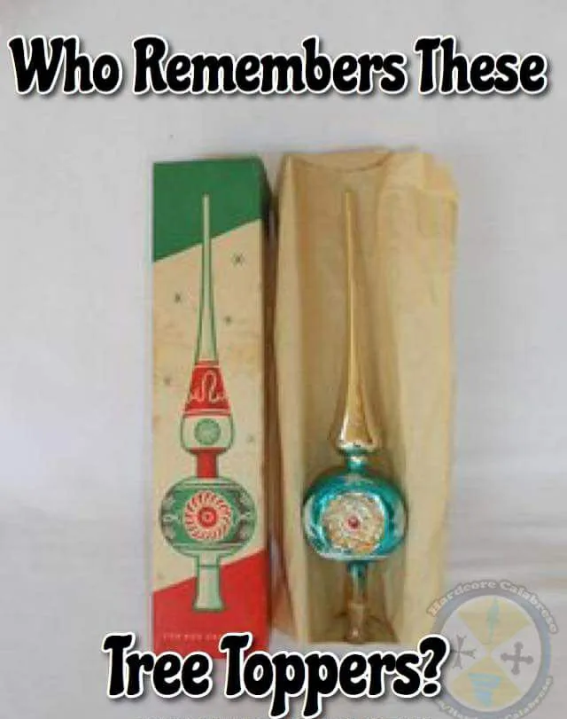An image shows a vintage Christmas tree topper in its original packaging next to the actual ornament wrapped in tissue…