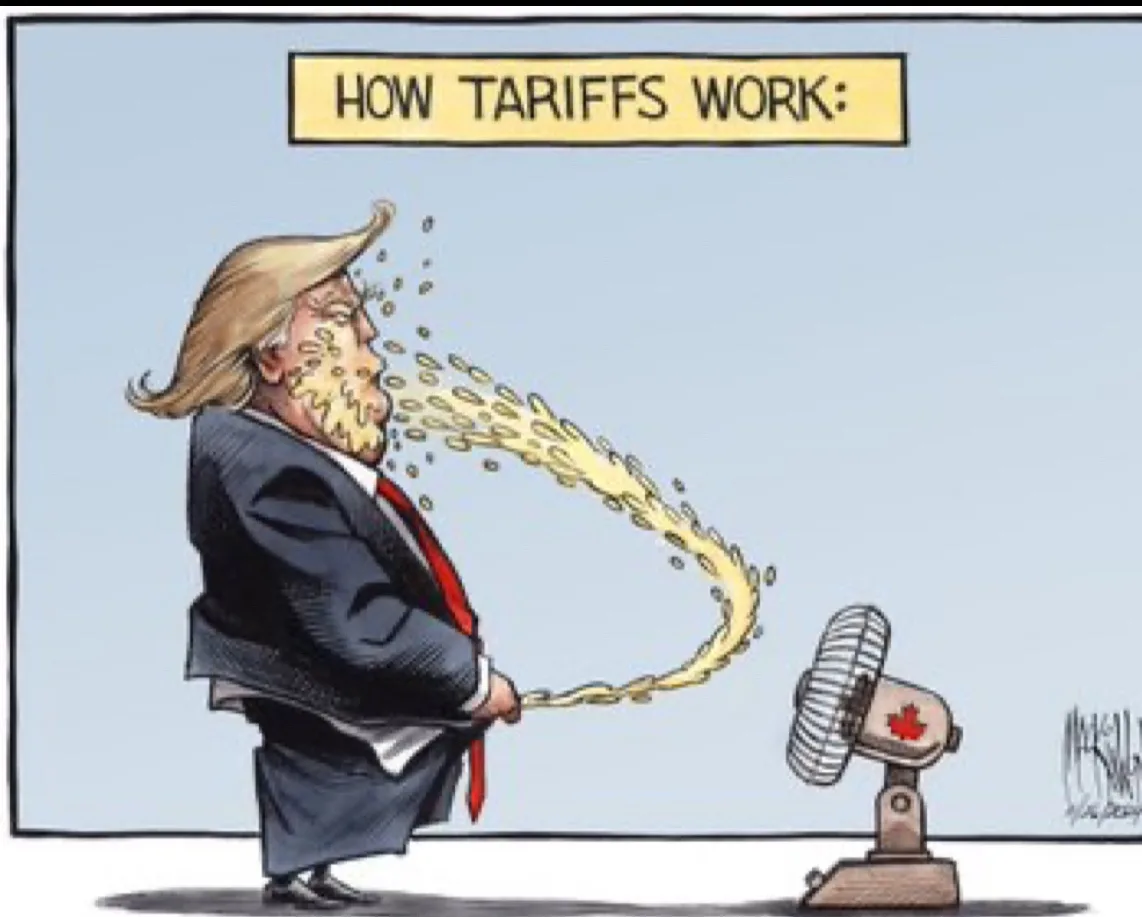 A cartoon depicts a caricature of Donald Trump blowing a stream of yellow money-like coins toward a small fan with a…