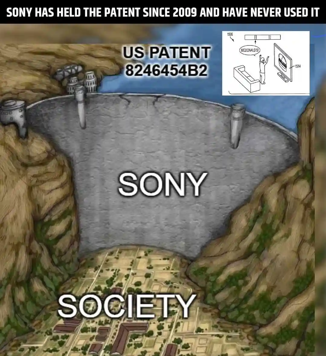 An illustration depicts a massive dam labeled 'SONY' holding back a body of water above a town labeled 'SOCIETY'. The dam…