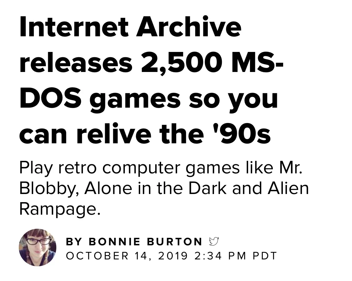 The image displays a screenshot of a news article headline announcing the Internet Archive's release of 2,500 MS-DOS games…
