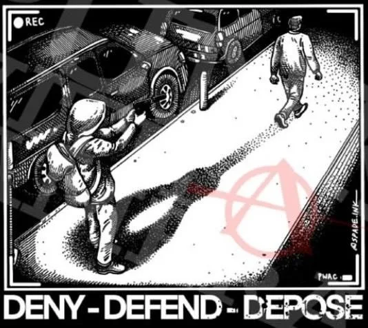 A black-and-white illustrated image shows a person in a helmet and backpack pointing a gun at a parked car while another…