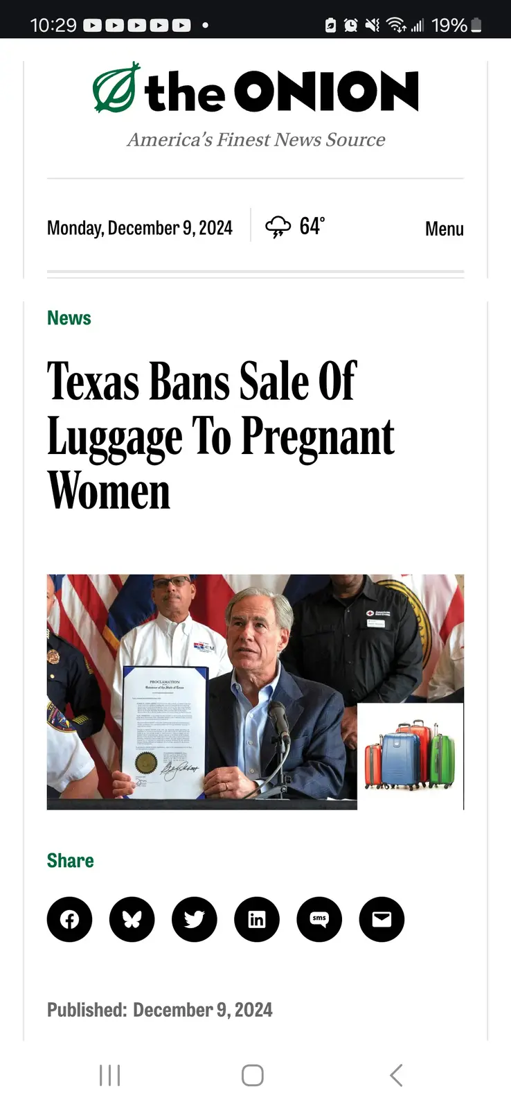 A screenshot of a fake news article from 'the ONION' dated December 9, 2024, with the headline 'Texas Bans Sale Of Luggage…