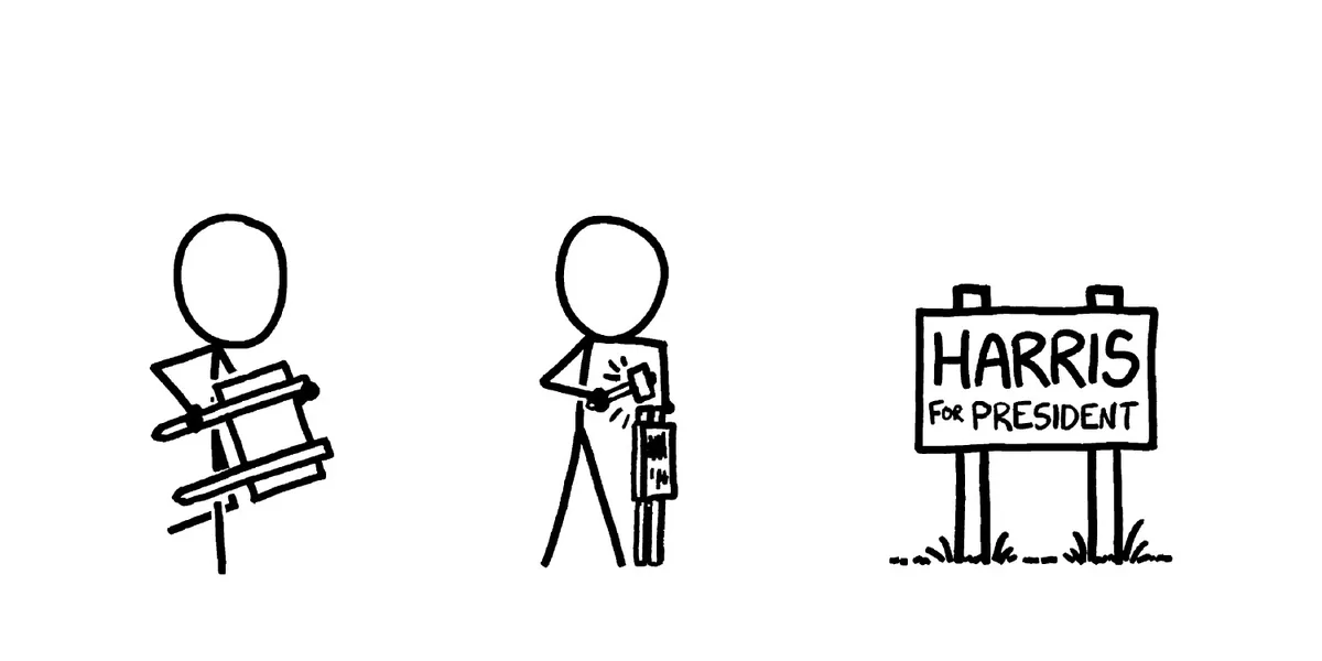 A stick figure holds a sign that reads 'HARRIS FOR PRESIDENT' in a three-panel comic. The first panel shows the figure…