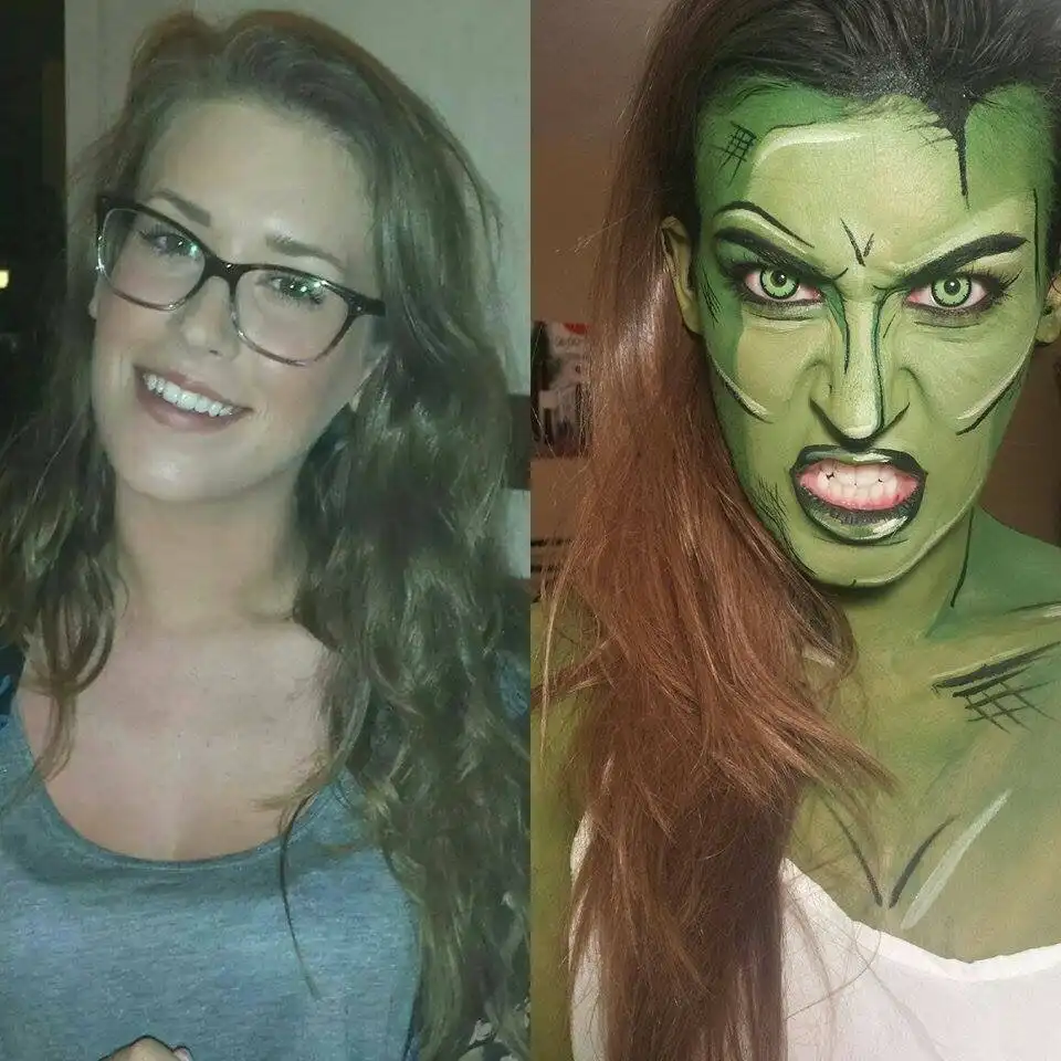 A split image shows a woman on the left with glasses and a neutral expression, and on the right, the same woman transformed…