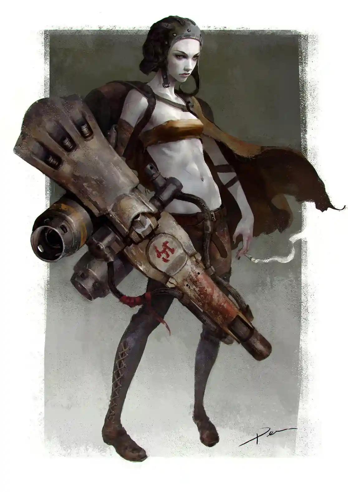 A pale, stylized female character with dark makeup and a helmet-like headpiece stands holding a large, worn, and…