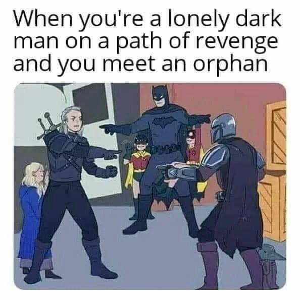 The image shows several fictional characters standing in a room, including a man in dark armor pointing forward, a masked…