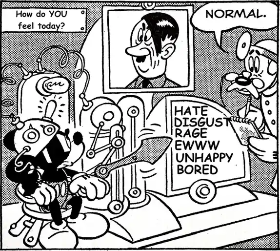 A black-and-white comic panel shows a robot-like character sitting at a machine with a list of negative emotions like…