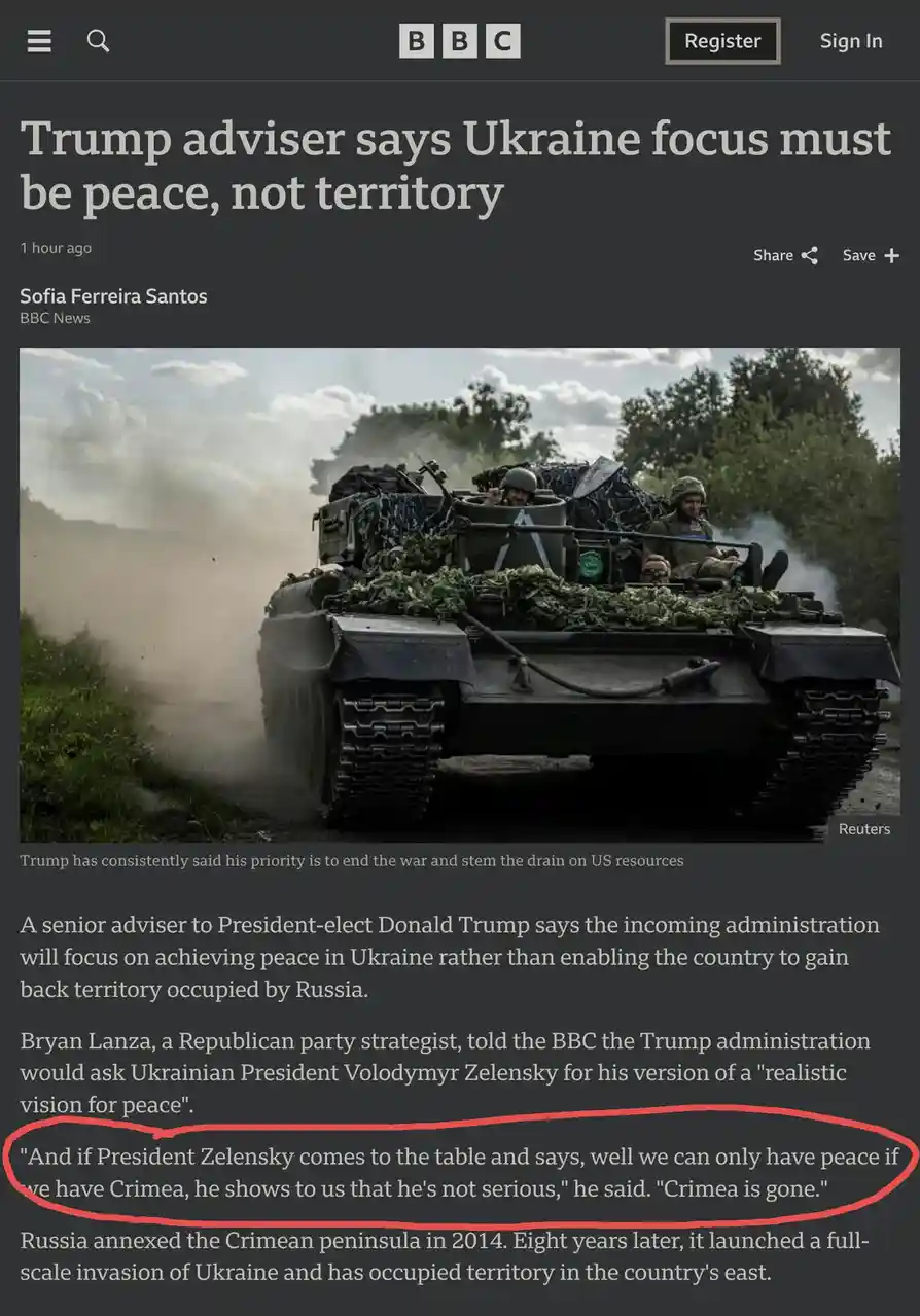 A screenshot of a BBC News article about a Trump adviser's comments on Ukraine peace talks, featuring a photo of soldiers in…