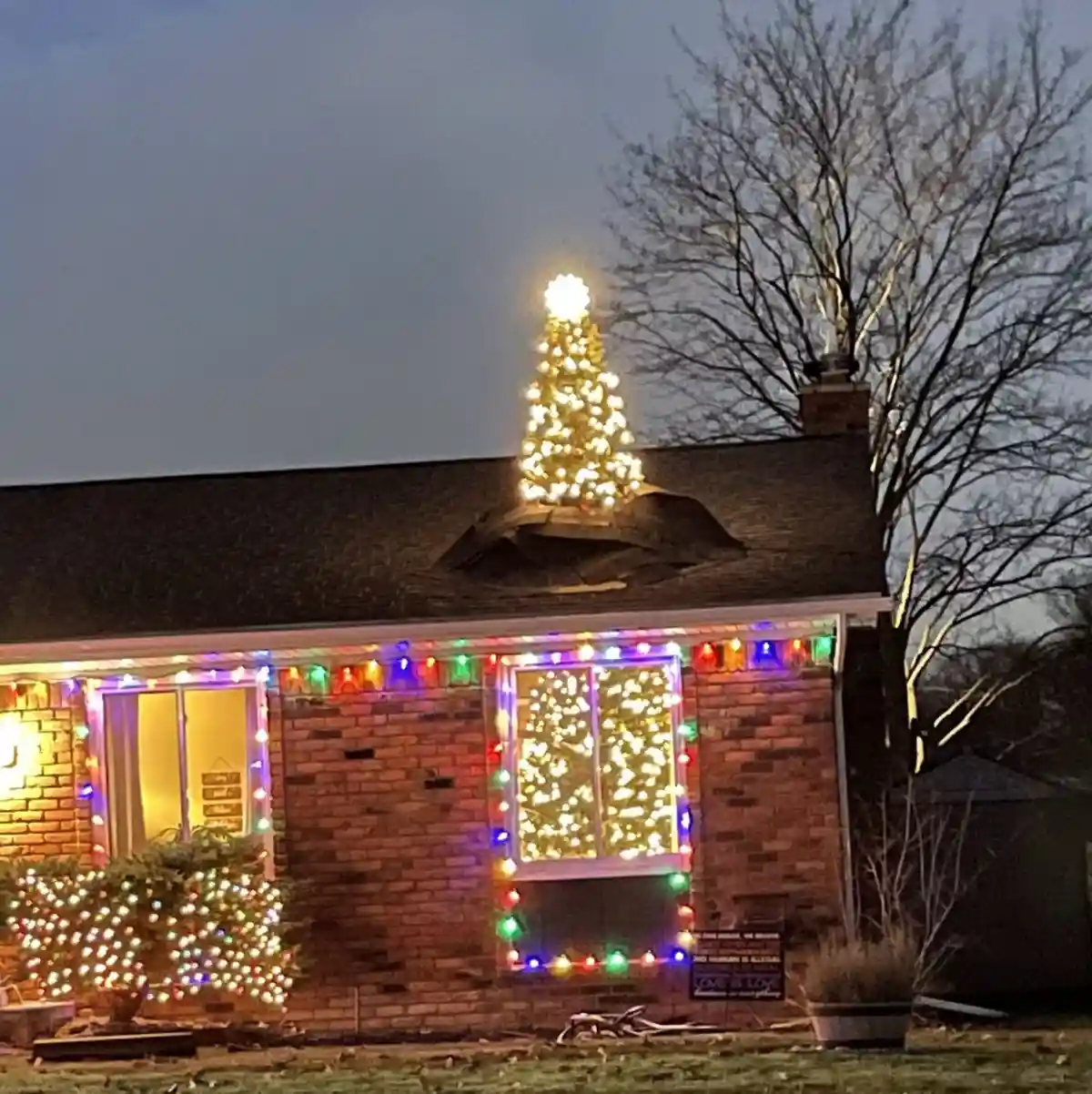 A brick house decorated with colorful Christmas lights, featuring a large, glowing Christmas tree-shaped light display…