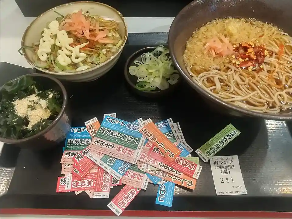 A Japanese meal tray holds a bowl of hot soba noodles with toppings, a bowl of cold udon with mayonnaise and pickled ginger…