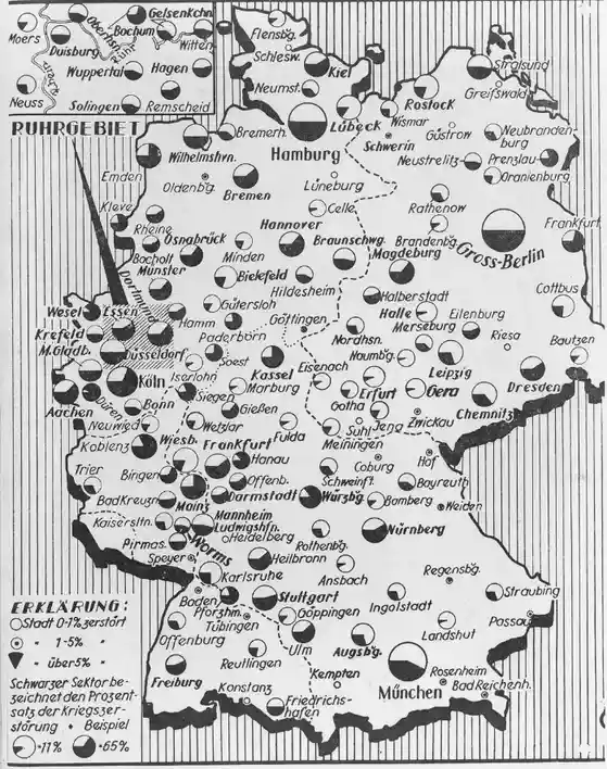 A black-and-white map of Germany showing cities with pie charts indicating the percentage of wartime destruction, with a…