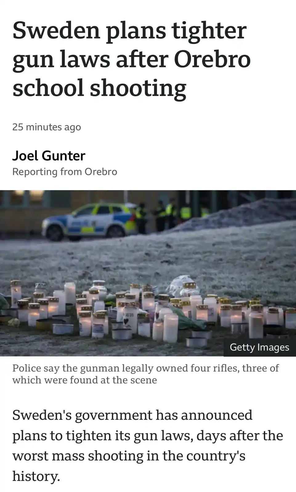 A screenshot of a news article about Sweden tightening gun laws after a school shooting in Orebro, featuring a photo of…