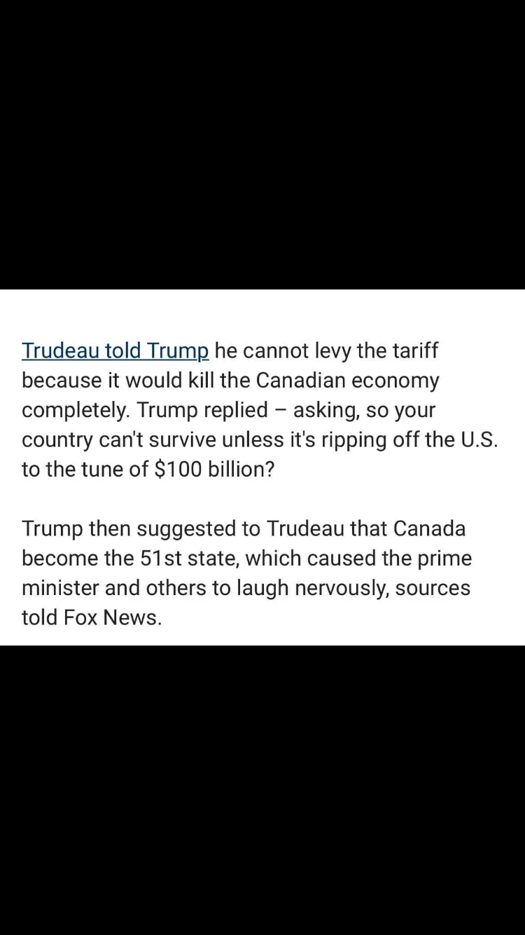 A black-and-white image displays a block of text describing a fictionalized exchange between Canadian Prime Minister Justin…