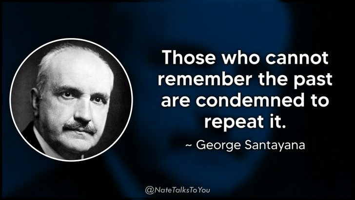A black-and-white portrait of George Santayana is shown in a circular frame on the left side of a dark blue background. To…