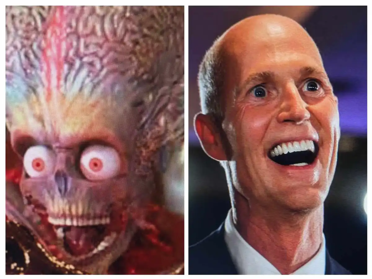 The image is split into two panels: the left shows a grotesque, monstrous creature with large, bulging eyes and a wide…