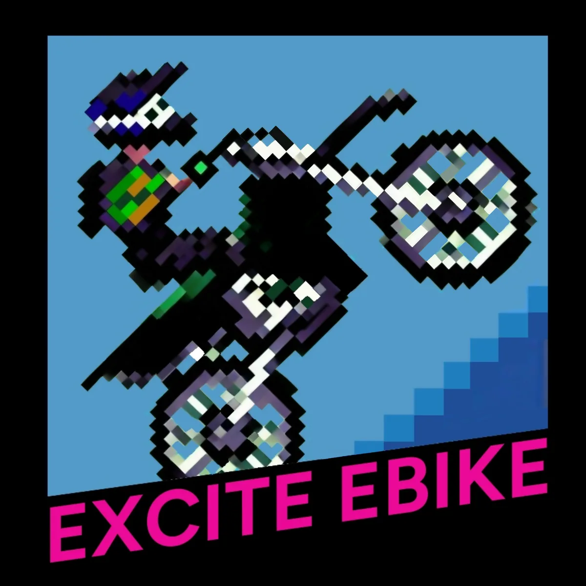 A pixelated image shows a stylized electric bike with a rider, rendered in a low-resolution, blocky art style against a blue…