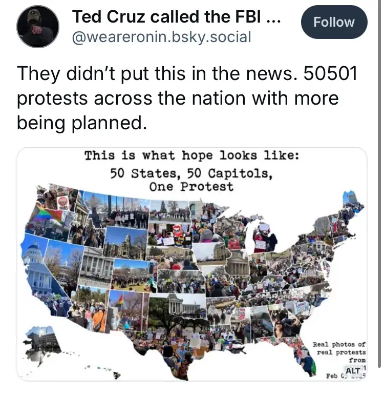 An image of a map of the United States, with each state filled with photos of large-scale protests. The text overlaid on the…