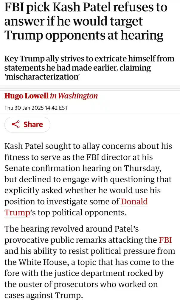 A screenshot of a news article with a headline reading 'FBI pick Kash Patel refuses to answer if he would target Trump…