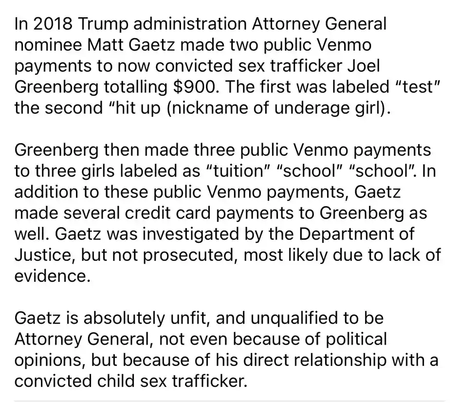The image is a plain white background with black text detailing a scandal involving Matt Gaetz, a 2018 Trump administration…