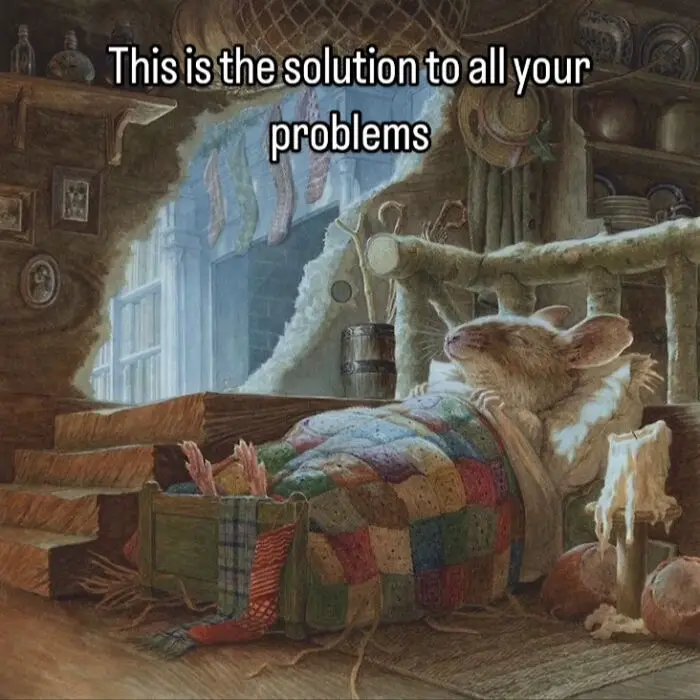 A painting depicts a mouse sleeping peacefully in a cozy, rustic wooden bed covered with a colorful patchwork quilt. The…
