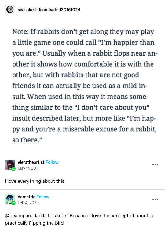A screenshot of a social media post from a deactivated account, showing a text note about rabbit behavior. The note explains…