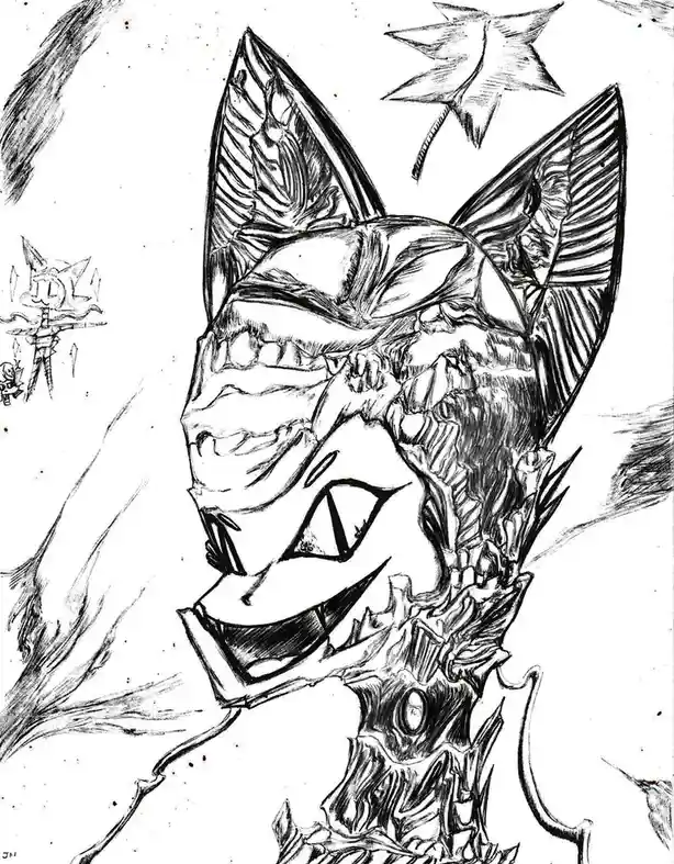 A black-and-white sketch depicts a monstrous, skeletal fox-like creature with large pointed ears, sharp teeth, and a jagged…