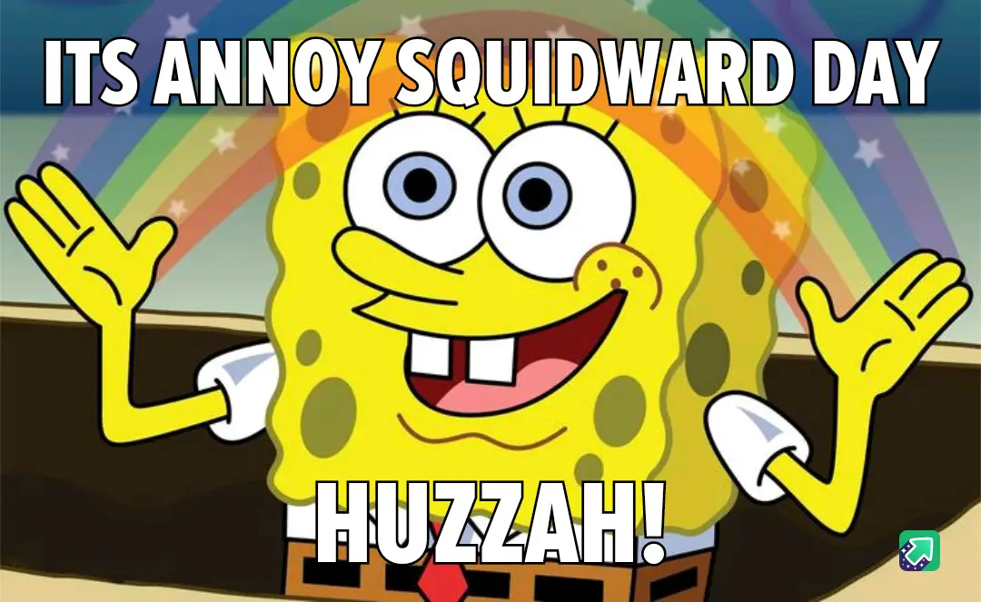 SpongeBob SquarePants is shown with a wide, joyful grin and both arms raised in celebration, set against a rainbow…
