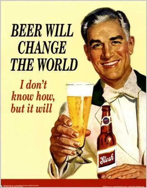 A vintage-style advertisement features a smiling man in a tuxedo holding a beer glass and a bottle labeled 'Slush'. The text…