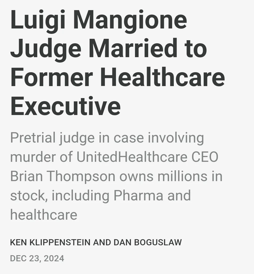 The image displays a mock news article headline stating 'Luigi Mangione Judge Married to Former Healthcare Executive,'…