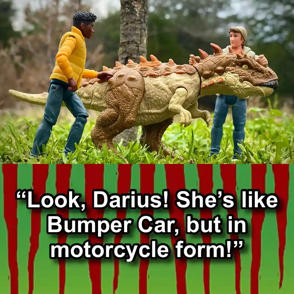 Two action figures stand in a grassy outdoor setting, one in a yellow jacket pushing a large, spiky dinosaur toy while the…