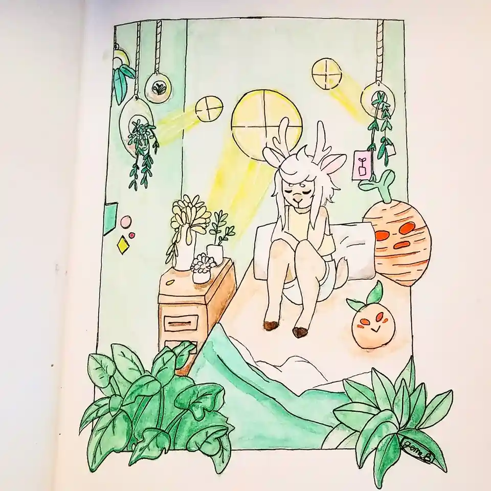 A hand-drawn illustration shows a white, deer-like anthropomorphic character with antlers sitting on a bed in a room filled…