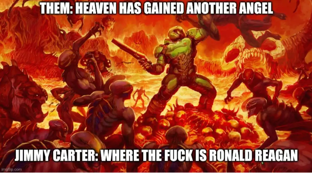 A dramatic, fiery hellish scene depicts a green-armored soldier (Doomguy) standing defiantly amidst a horde of demonic…