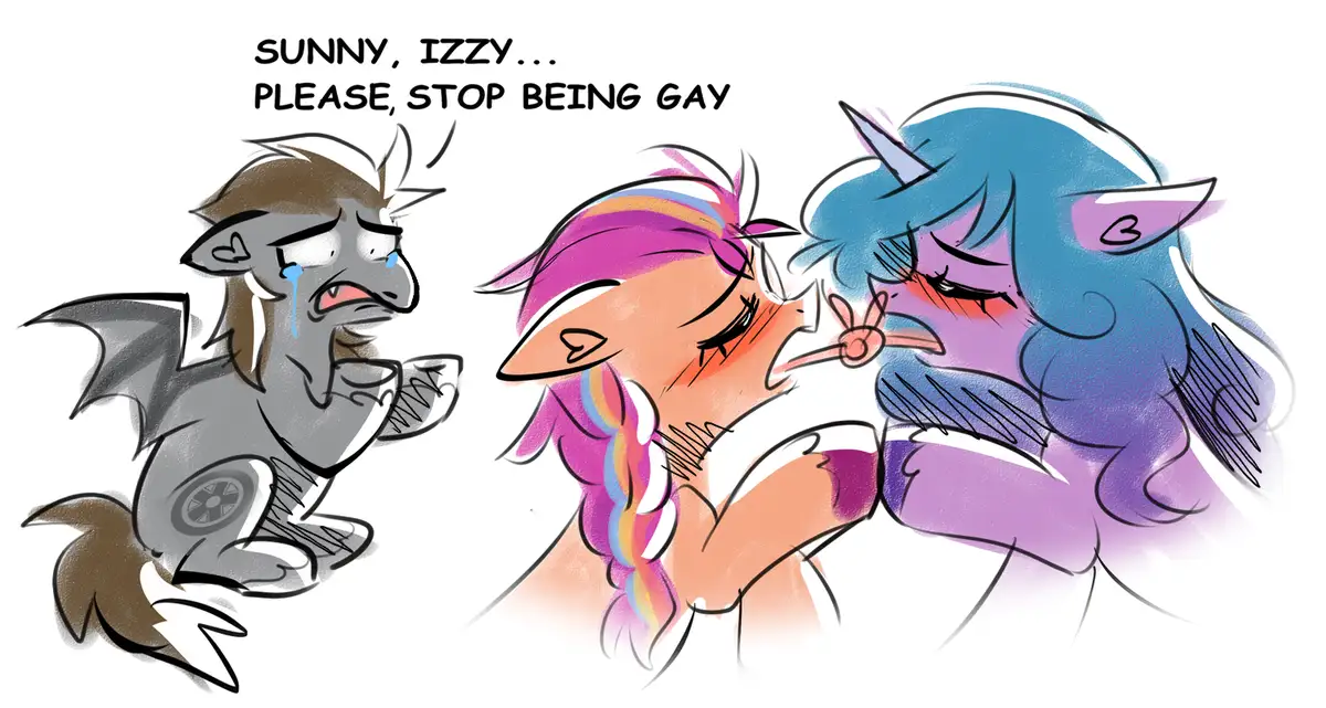 A gray, winged, crying creature pleads with two affectionate, colorful pony-like characters who are kissing. The text above…