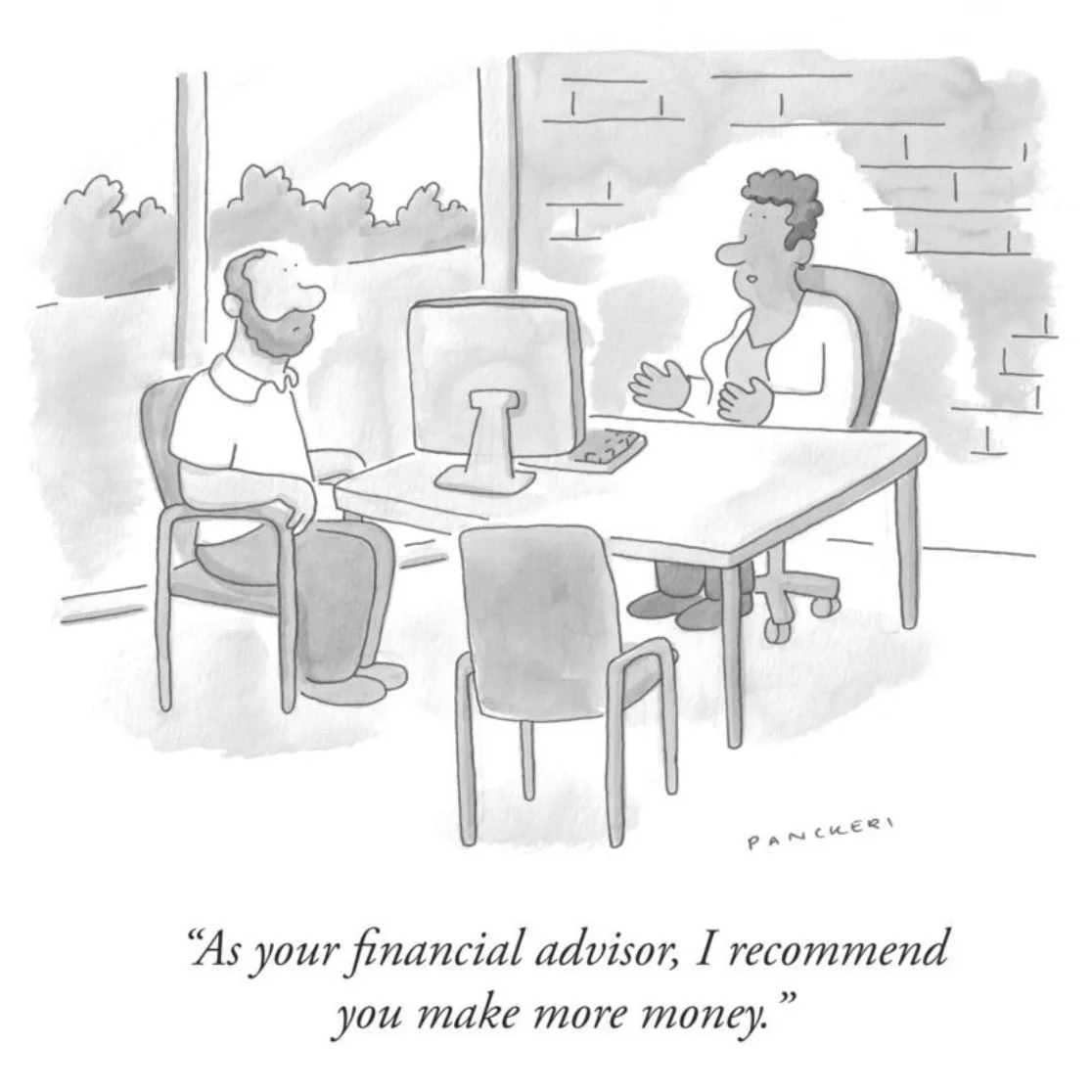 A black-and-white cartoon depicts two people seated across a desk in an office setting. One person, appearing to be a…
