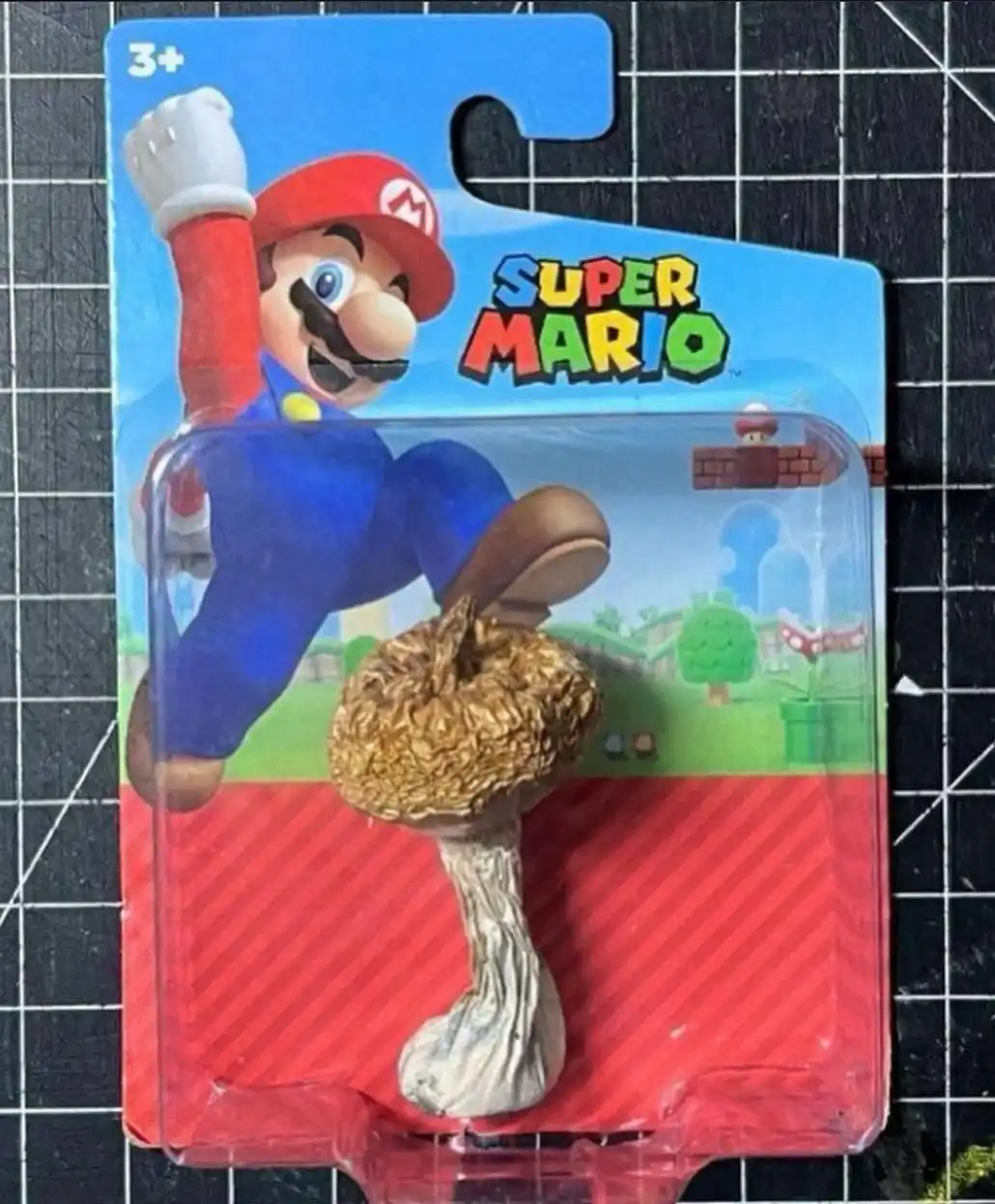 A Super Mario action figure in its original packaging, but the figure is replaced by a real, textured brown mushroom with a…