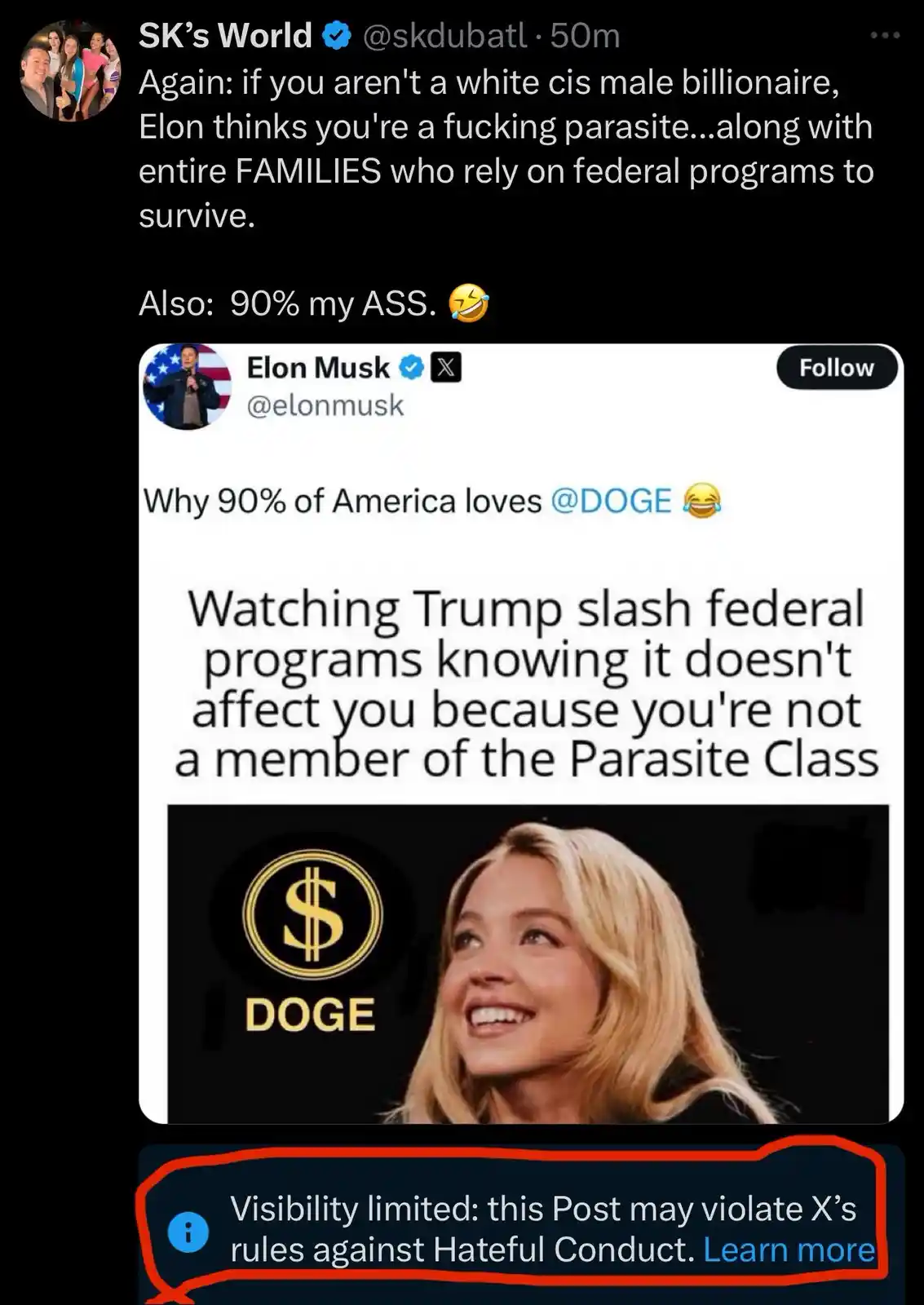 A screenshot of a tweet by Elon Musk, which reads 'Why 90% of America loves @DOGE 😂 Watching Trump slash federal programs…
