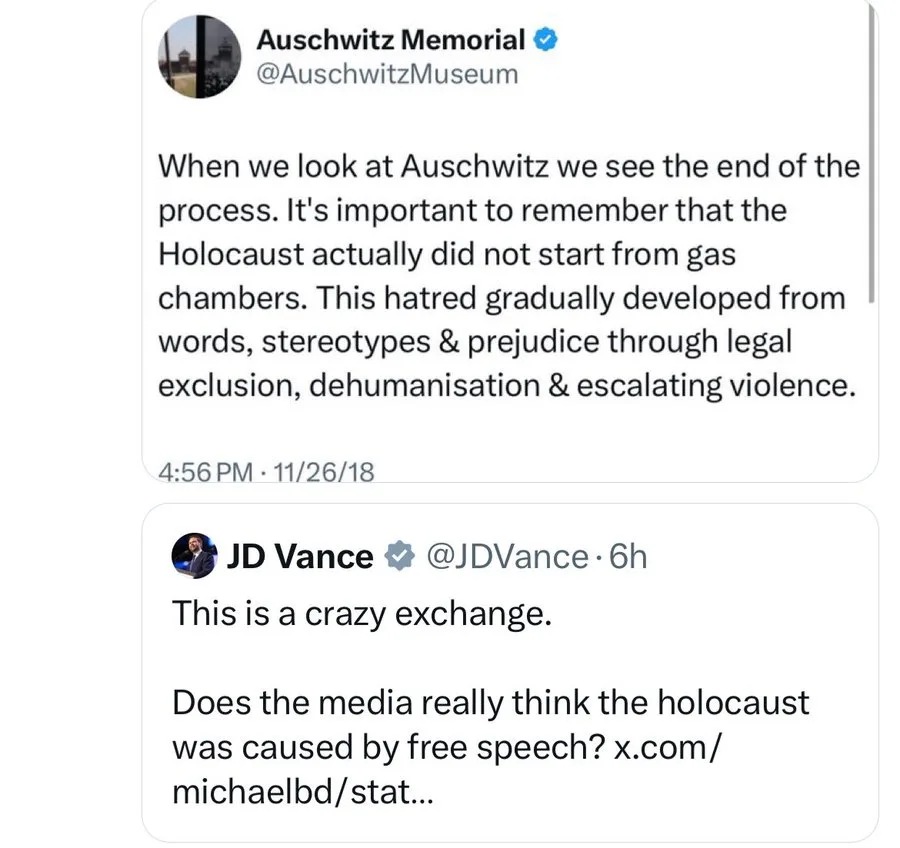 The image displays two Twitter posts. The top post from the Auschwitz Memorial (@AuschwitzMuseum) explains that the…